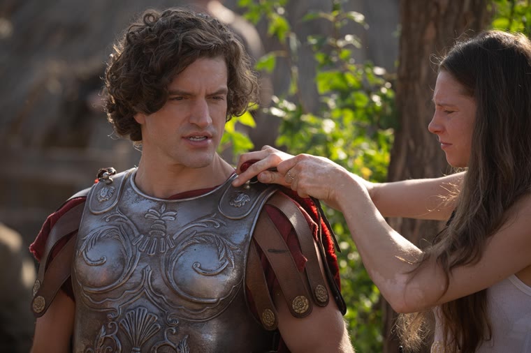 Magnus Maximus's armour being fitted on location at Caer Cam — Episode 3.
