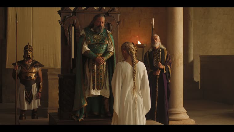 King Avallach (Daniel Fathers) receives his daughter, and warns of a war moving south.