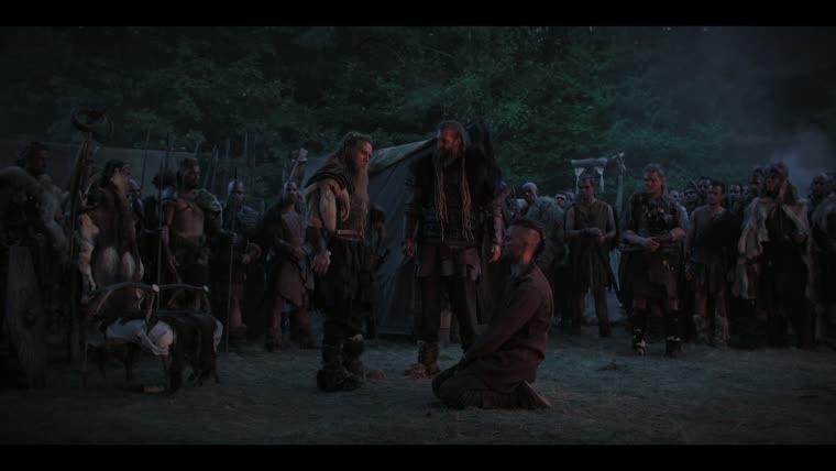 Prince Pascent (Nick Wittman), Vortigern’s son, kneels in Hengist’s camp to hold the Saecsens to their oath and win back his father’s kingdom.