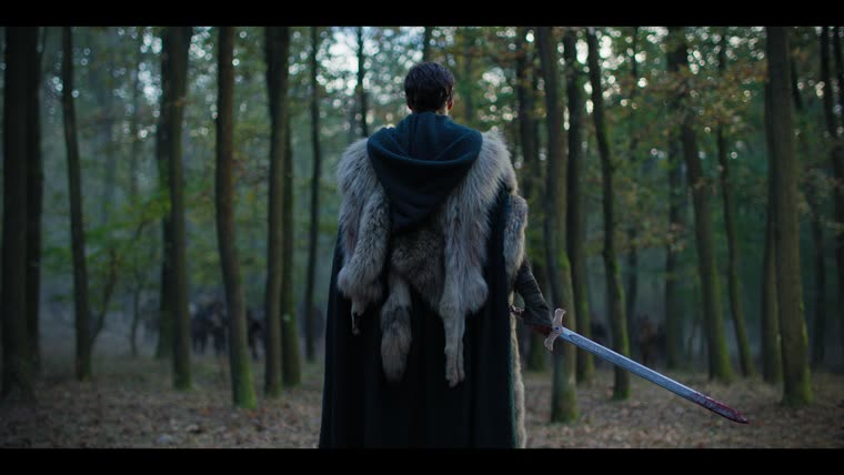Merlin (Tom Sharp) blade in hand, walking away into the wood.
